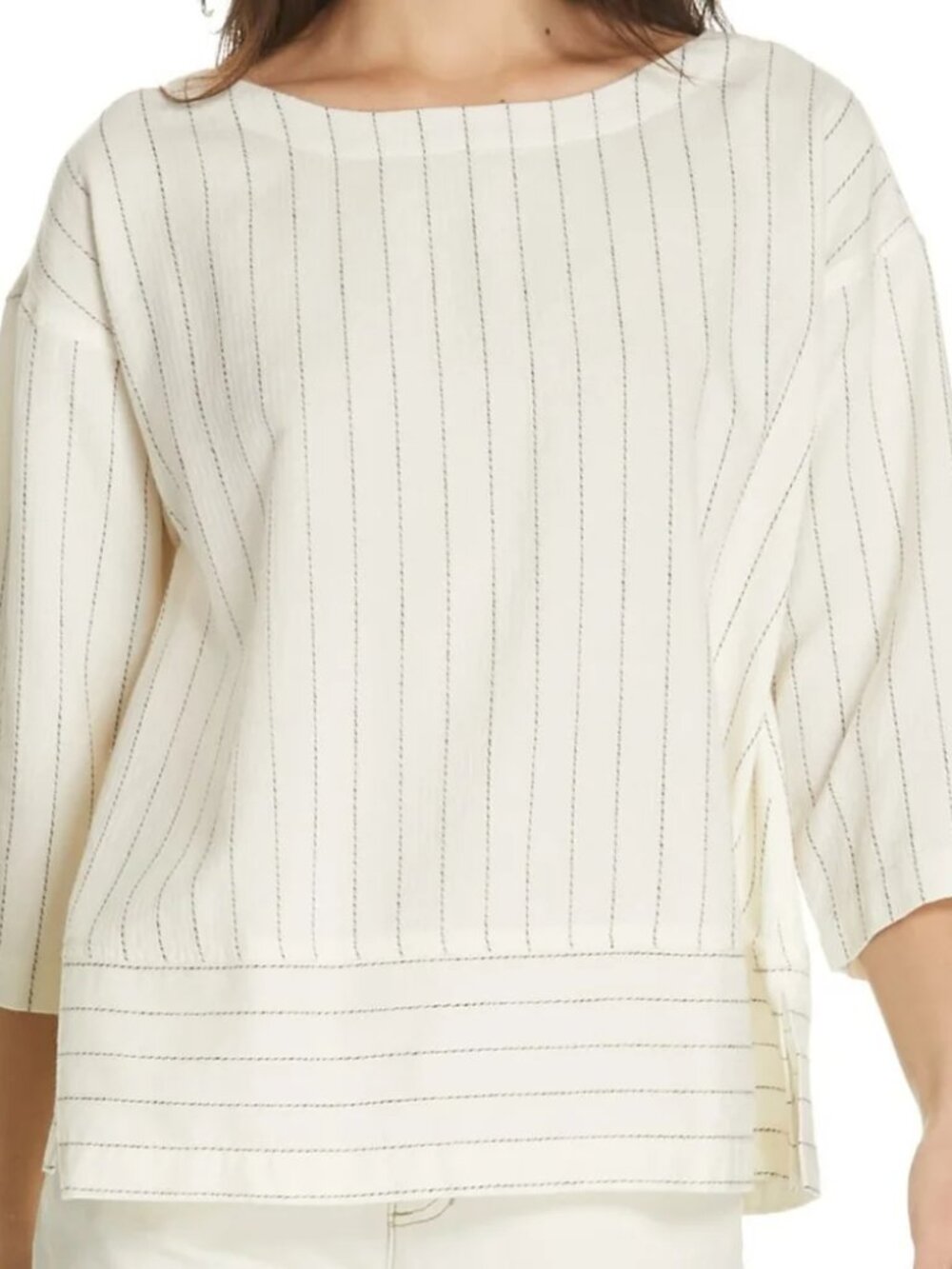EILEEN FISHER Natural Beige Striped Gauze Box-Top Blouse Medium Lagenlook - Picture 6 of 7
